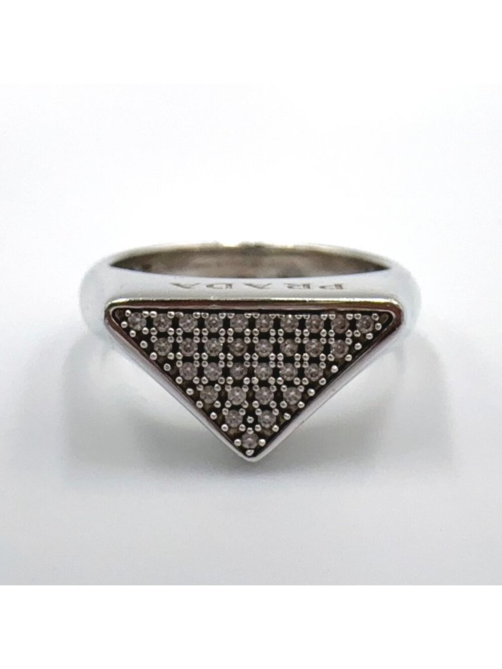 Prada Triangle Logo Pavestone Rhinestone 925 Sterling Silver Clear Ring